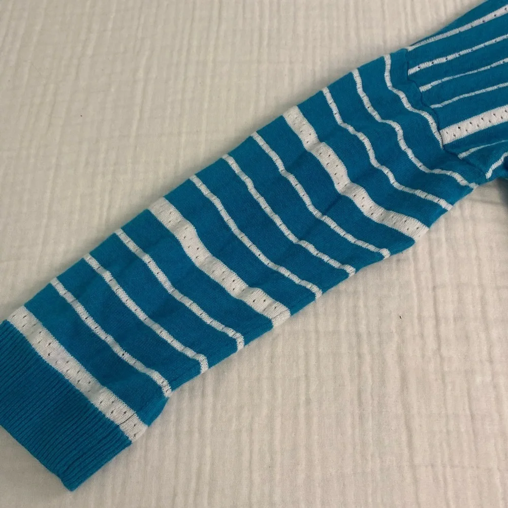 Talbots Sweater Shirt Teal Striped Linen Blend 3/4 Length Medium Petite Coastal - Picture 12 of 16